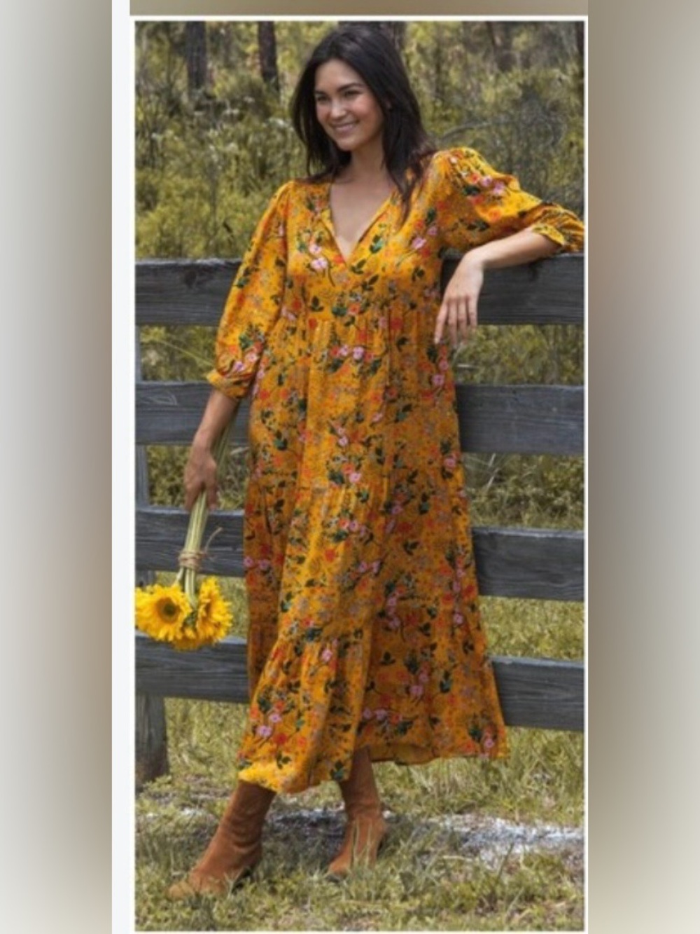 Natural Life Nova Maxi Floral Tiered Bohemian Dress in Mustard